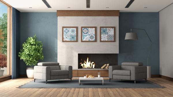 moderno salon con chimenea